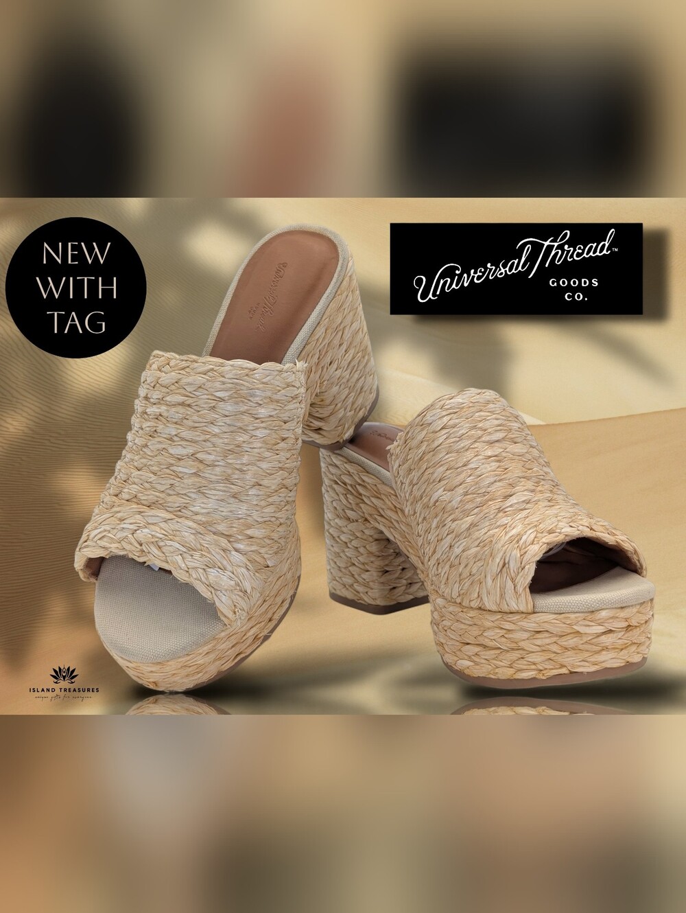 NWT Universal Thread Sz 6.5 Natural Raffia Braid Memory Foam Platform Sandal